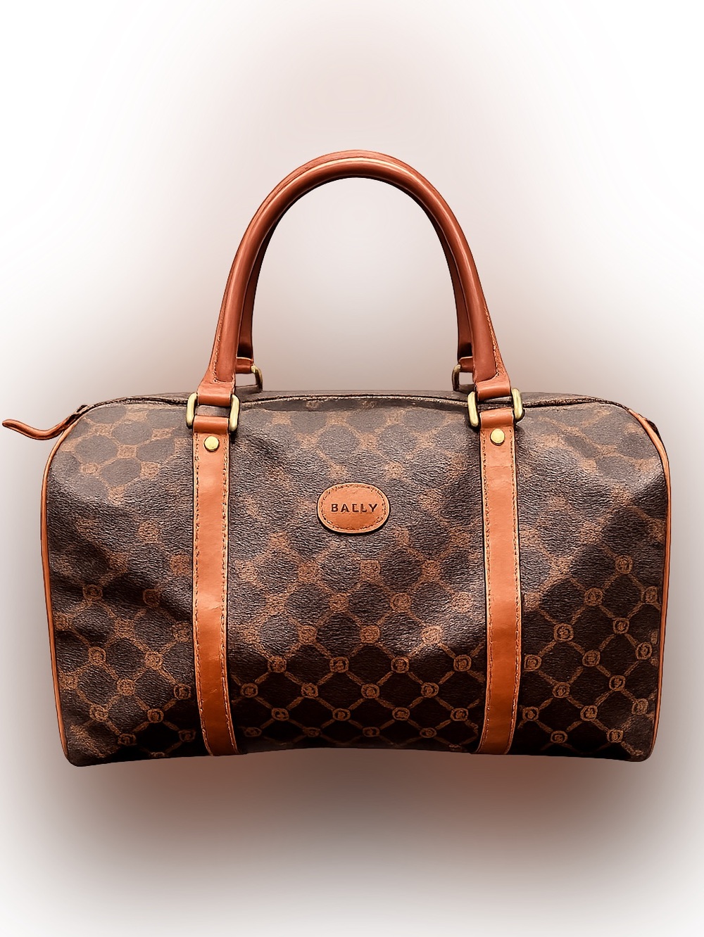 Bally Vintage Monogram Boston Bag Brown Leather Trim Travel Satchel